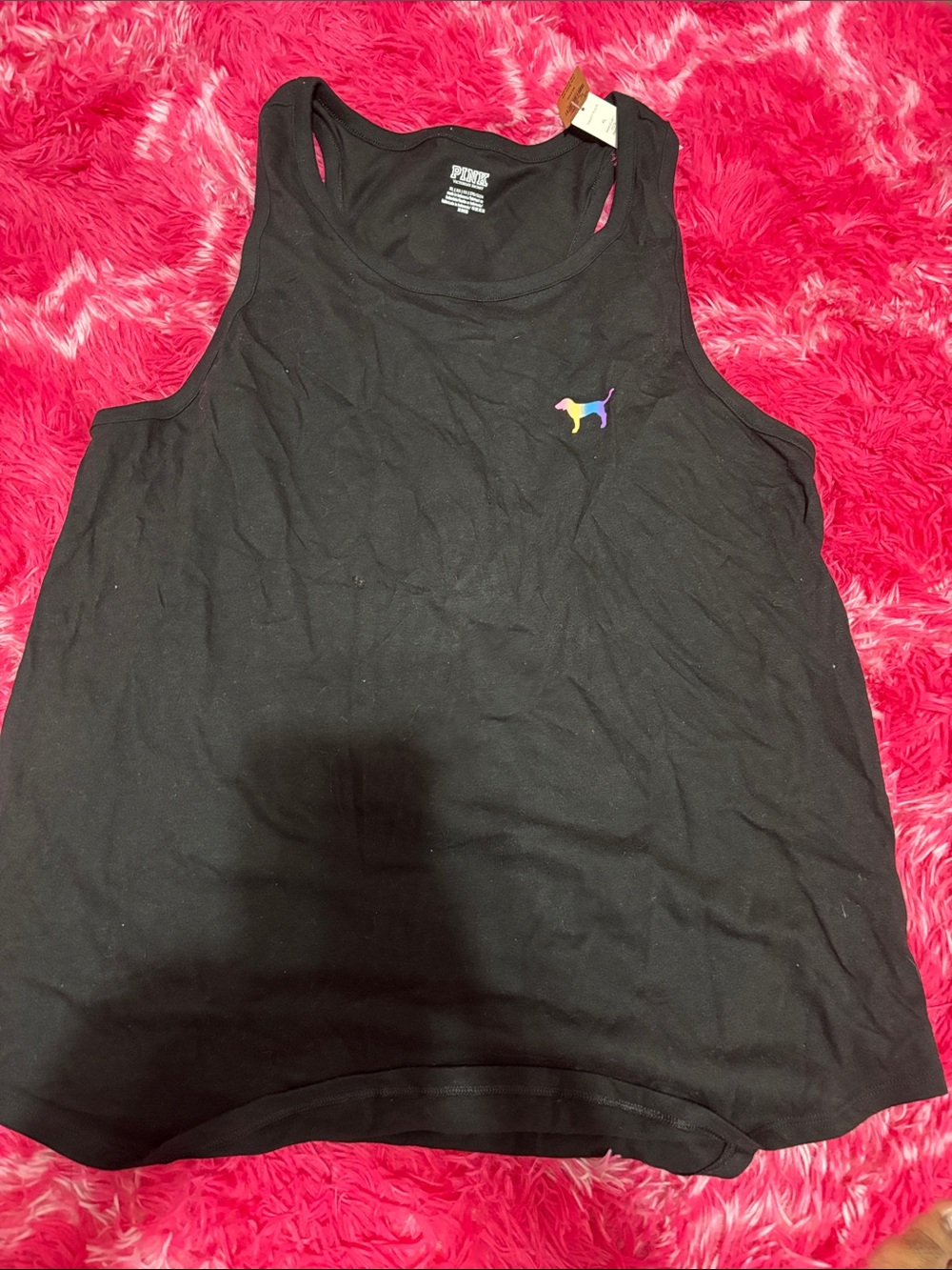 PINK Victoria's Secret Black Racerback Tank with Small Rainbow Dog Emblem